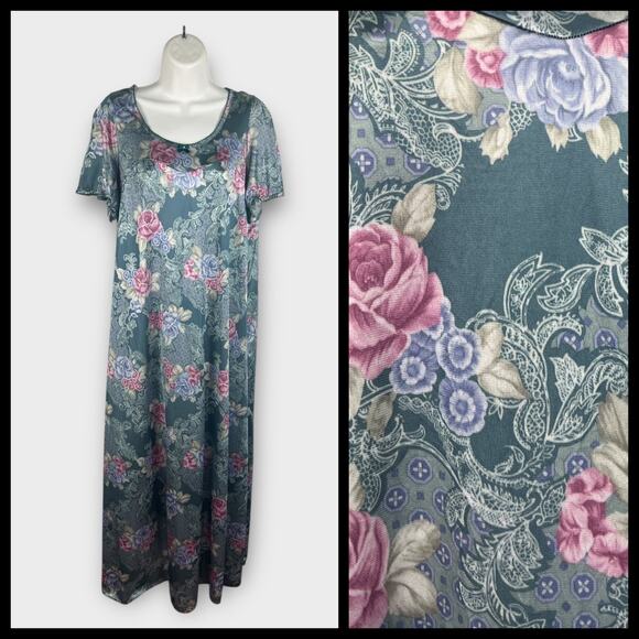 Vintage Lorraine Green Rose Floral Paisley Short Sleeve Maxi Nylon Nightgown Med - Picture 1 of 8